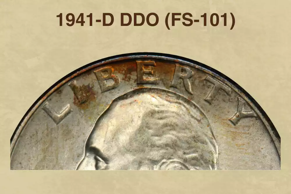 1941 quarter Doubled Die Obverse error showing doubling on LIBERTY and Washington portrait under magnification