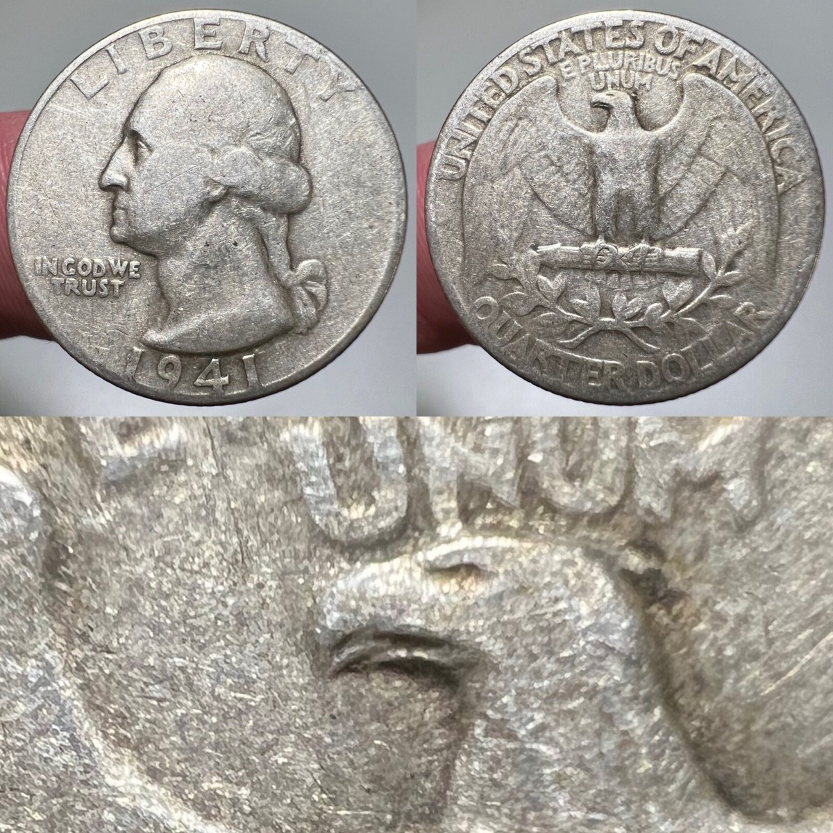 1941 quarter Doubled Die Reverse error showing doubling on eagle and UNITED STATES OF AMERICA lettering