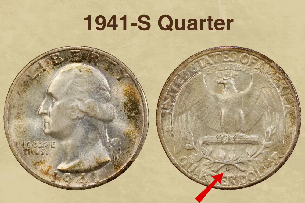 1941-S quarter Large S Trumpet S mint mark variety on reverse close-up comparison