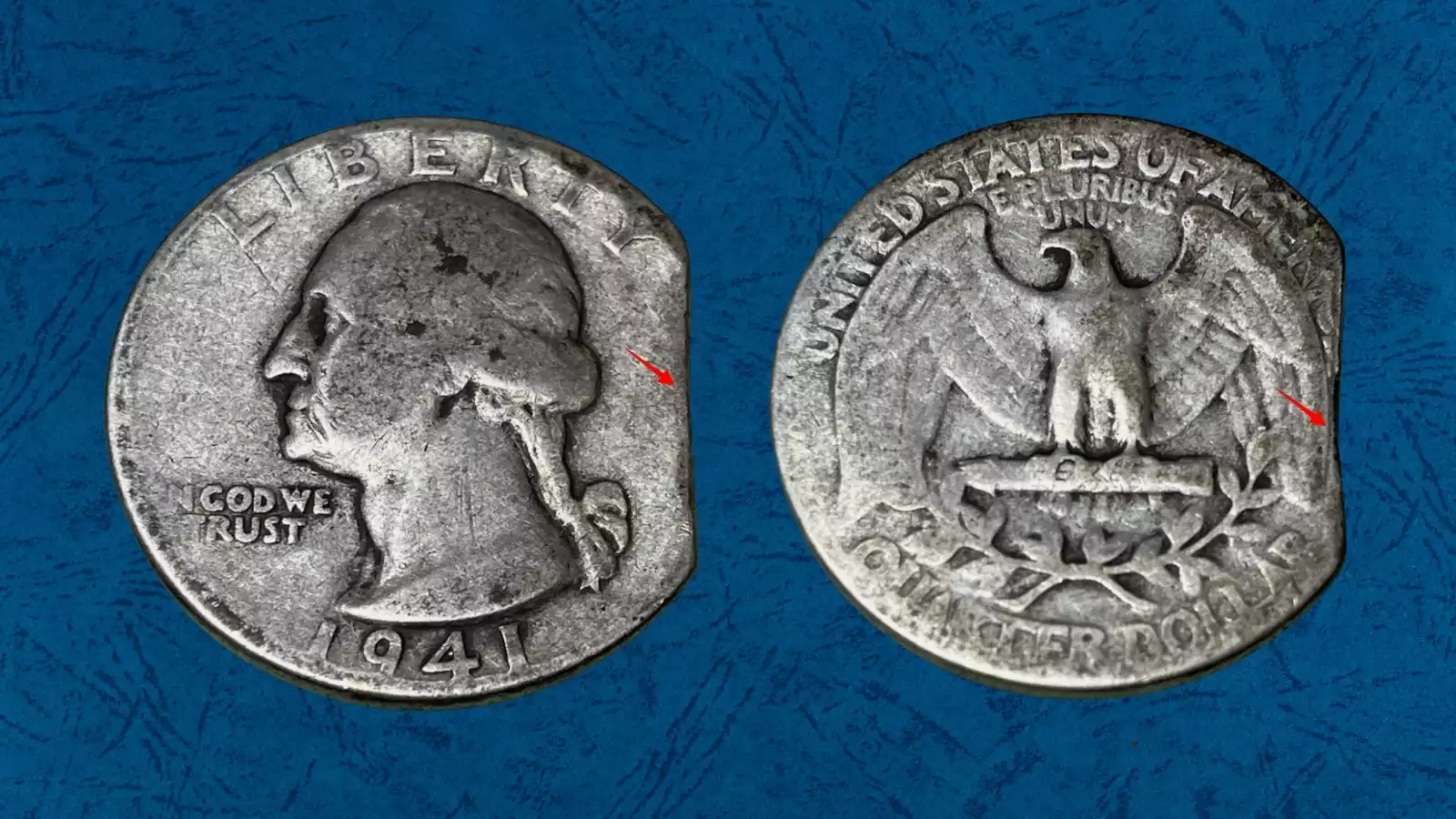 1941 quarter clipped planchet error showing missing section from coin edge