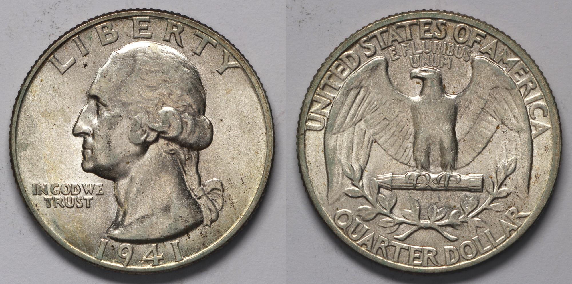 1941 Washington Quarter grading strip showing four coins from Good to Gem MS65 condition side by side